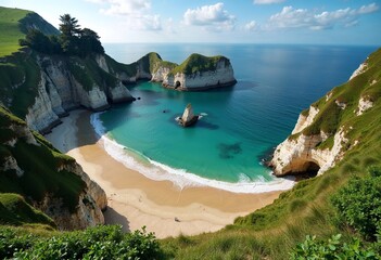 Stunning Coastal View of a Secluded Beach with Turquoise Water and Green Cliffs