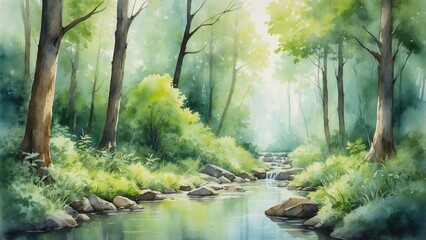 Nature reserve in watercolor technique: lush sunny forest with stream and green foliage in a protected environment