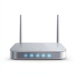 Realistic design of a modern Wi-Fi router with a sleek, metallic finish. The device has a compact, minimalist appearance with subtle indicator lights on the front and small antennas.