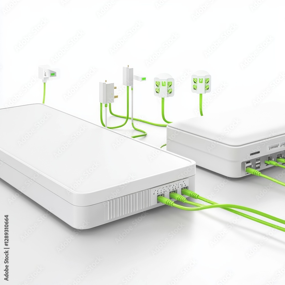 Poster smart home connectivity: white routers and plug adapters with green cables for clean, modern network