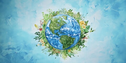Planet Earth with flowers around the planet, blue background. Environmental theme, watercolor drawing style.