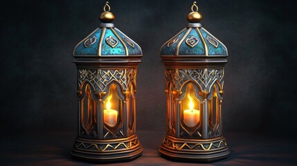 Ornamental arabic lantern glowing with a burning candle.