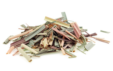 Pile of dried sprigs of natural lemongrass isolated on a white background. Cymbopogon citratus, Capim Limao, Santo. Herbal medicine.