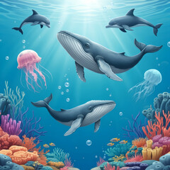Obraz premium Cute ocean life seamless pattern with whales, dolphins, coral reefs, and jellyfish