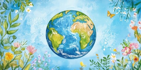 Naklejka premium Planet Earth with flowers around the planet, blue background. Environmental theme, watercolor drawing style.