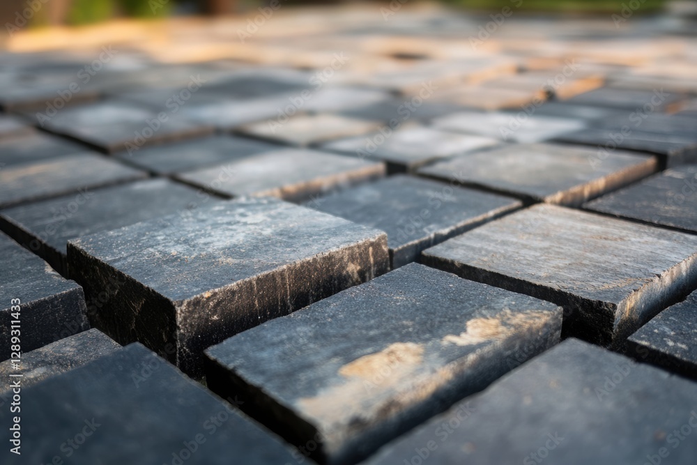 Poster the process of laying paving slabs in a yard or path, with an emphasis on each element.