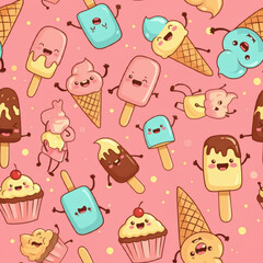 Cute ice cream seamless pattern with smiling popsicles, cupcakes, and desserts