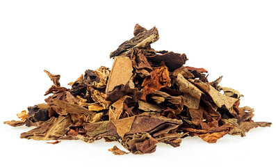Heap of chopped tobacco leaves isolated on a white background. Dried smoking tobacco.