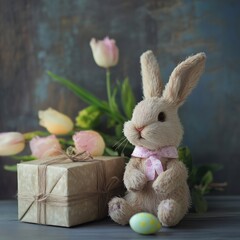 Obraz premium Toy rabbit sitting near a gift box and spring flowers, Easter card