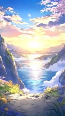 Anime mountain view in spring, idyllic waterscape