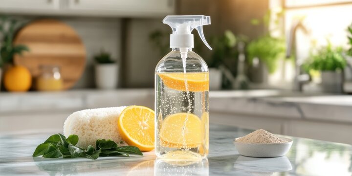 eco-friendly cleaning solution, a clear spray bottle of diy citrus-infused vinegar cleaner, with a loofah and baking soda on marble, and an eco-friendly kitchen in the background