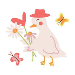 Vector cute goose in a hat carries a bouquet of flowers and greenery for the holiday. A set of elements for greeting design, postcards, stickers, prints.
