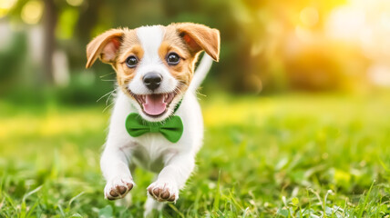 A joyful puppy with a green bow tie runs playfully across a sunlit grassy field, radiating happiness and energy, Saint Patrick's Day