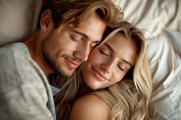 Close-up of a young, blissful couple cuddling in bed at home