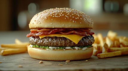Juicy bacon cheeseburger, fries, rustic kitchen