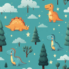 Seamless pattern with cute cartoon dinosaurs trees stars and clouds on blue background playful prehistoric kids design