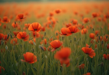 Fototapeta premium Field of vibrant red poppies in full bloom with a warm sunset background