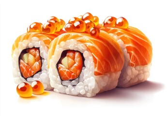 Delicious and Colorful Sushi Rolls with Salmon, Rice, and Fish Eggs Presented on a Bright Background for Culinary and Food Photography
