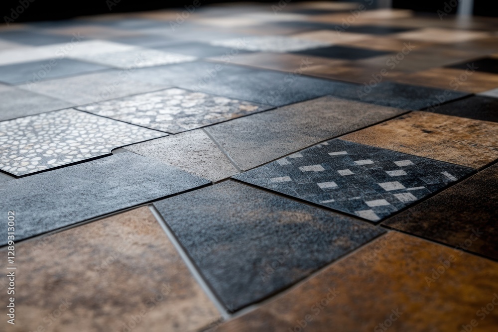 Poster floor tiles with a distinctive texture and color patterns.