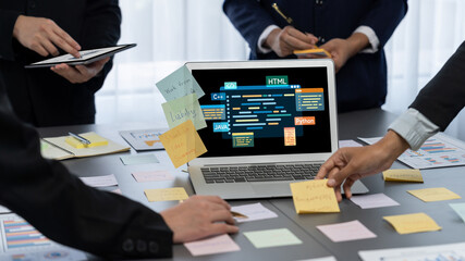 Software development or programming work with coding screen of various programming languages like HTML, Python, Java, and C brisk for new application development