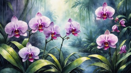 The mystery of the tropics: watercolor orchids with exotic purple tones, lush vegetation and mysterious jungle atmosphere