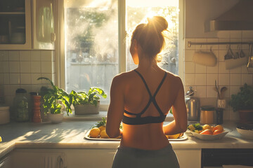 Healthy morning routine of woman preparing food in a bright kitchen