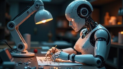 Fototapeta premium AI Robot Jeweler Crafting Fine Jewelry. Futuristic Craftsmanship