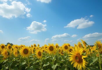Fototapeta premium Sunflowers in full bloom under a bright blue sky with scattered clouds