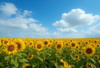  Field of sunflowers under a clear blue sky with fluffy white clouds