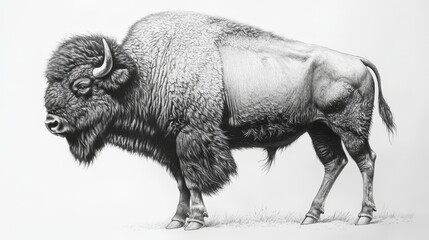 A detailed pencil sketch of a bison, capturing its powerful build, shaggy fur, and distinctive hump. The artwork emphasizes texture and movement, bringing the majestic animal to life.