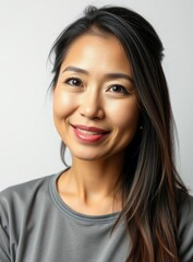 Fototapeta premium Smiling Asian Woman with Brown Eyes, Portrait, Studio Shot, Positive Emotion