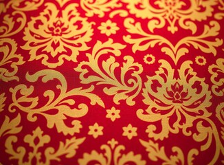 Luxurious red and gold damask fabric with ornate floral pattern