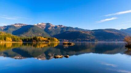 Crystal-clear lake with stunning mountain reflection, peaceful and breathtaking nature scene, pure wilderness and adventure destination