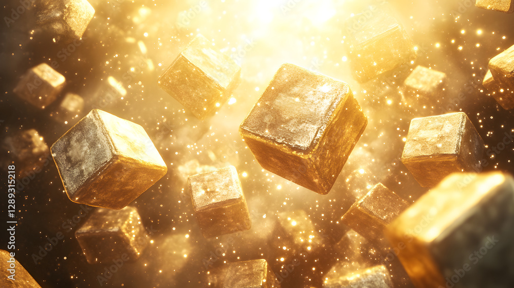 Poster a collection of gold cubes floating in the air with a simple background and soft lighting