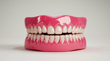 Fototapeta premium Dental Perfection: An impeccable set of dentures, showcasing pearly white teeth set against a vibrant pink gumline, symbolizing oral health. 
