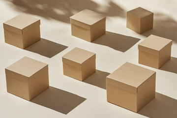 A soft, golden light illuminates stacked brown cardboard boxes, creating a calm and inviting atmosphere, ideal for rustic, earthy-themed packaging or holiday gift displays