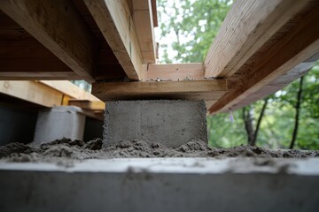Obraz premium The initial stage of construction - the foundation for the house, view from below. 
