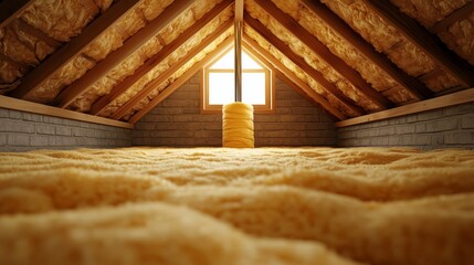 Attic Insulation: View inside an attic, showcasing thermal insulation, natural lighting, and architectural details. It is a bright space, warm, inviting, and well-maintained.