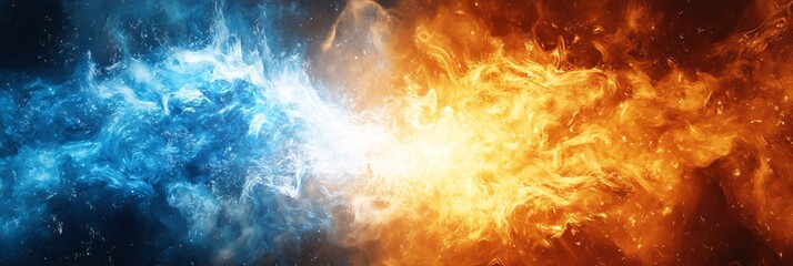 Fototapeta premium Energetic Collision of Fiery Flames and Icy Frost in Web Banner