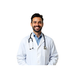 Smiling Male Doctor in White Coat with Stethoscope Isolated on Transparent Background