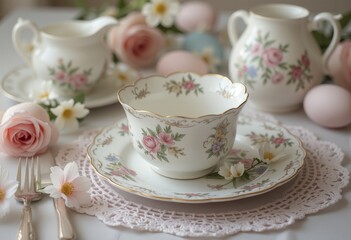 Fototapeta premium Delicately arranged floral tea set with pastel-colored Easter eggs on a crocheted doily, surrounded by fresh roses and daisies, perfect for spring and Easter-themed celebrations.