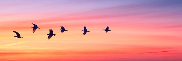 Obraz premium Silhouettes of Birds Gracefully Flying Across Dawn's Colorful Sky