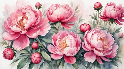 Elegant watercolor peonies in rich pink and red hues create a luxurious background with voluminous petals and transparent transitions, conveying a timeless charm
