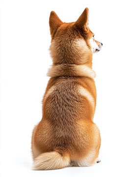 Back view of a sitting shiba inu dog isolated on a white background.