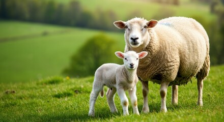 Fototapeta premium Mother sheep with her adorable lamb standing together in a green meadow