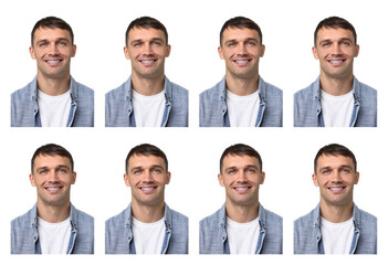 Photo of man for passport or other document on white background, set