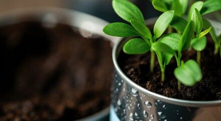 Fresh green seedlings growing in a metal pot with soil and water droplets