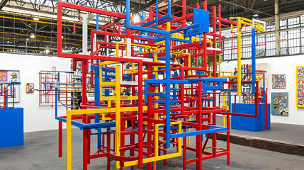 Colorful chair structures art installation in industrial gallery space