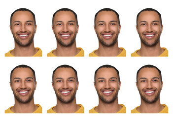 Photo of man for passport or other document on white background, set