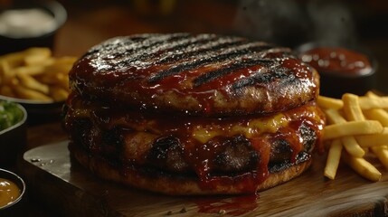 Juicy double burger, fries, sauces, wood board, restaurant